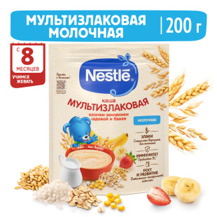 Nestlé® Молочная мультизлаковая каша с бананом и кусочками земляники садовой